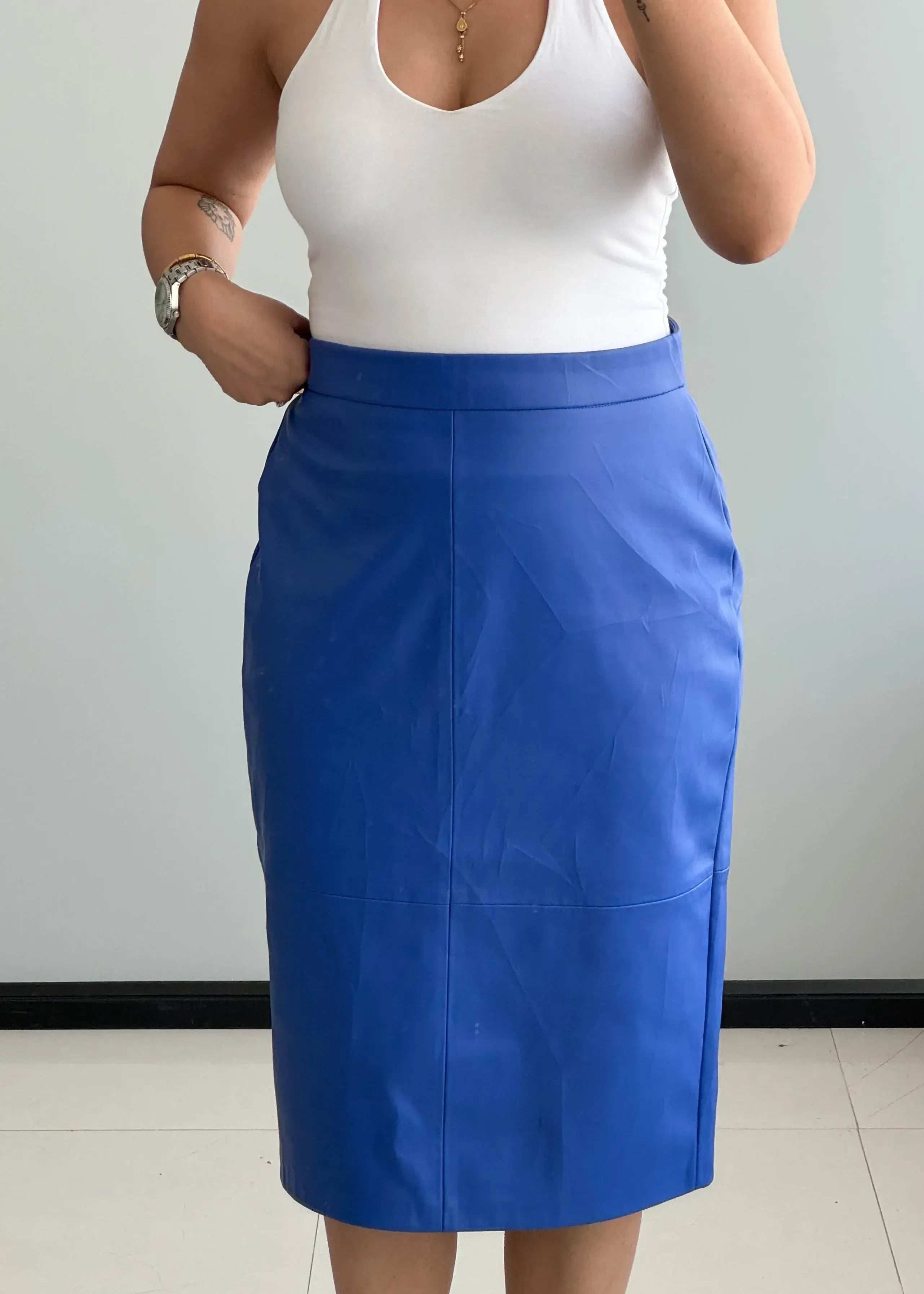 Waist : 32-33, Blue Leather Skirt - Closet by Payal