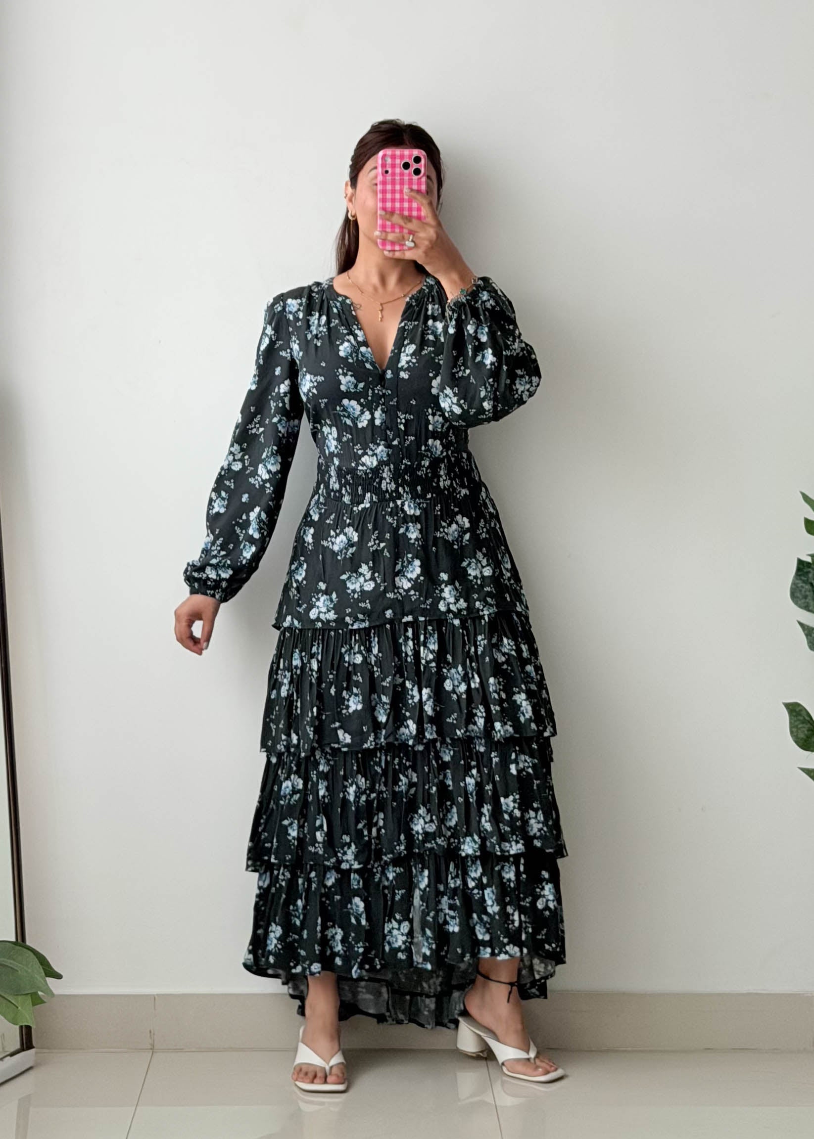 Size M-L Black Floral Tiered Maxi Dress