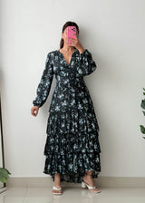 Size M-L Black Floral Tiered Maxi Dress