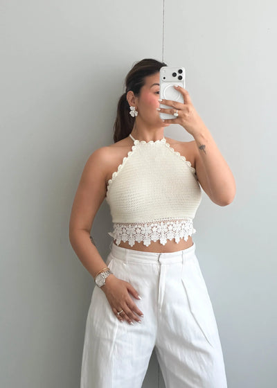 Size S-M, Cream Lace Trim Halter Crop Top - Closet by Payal