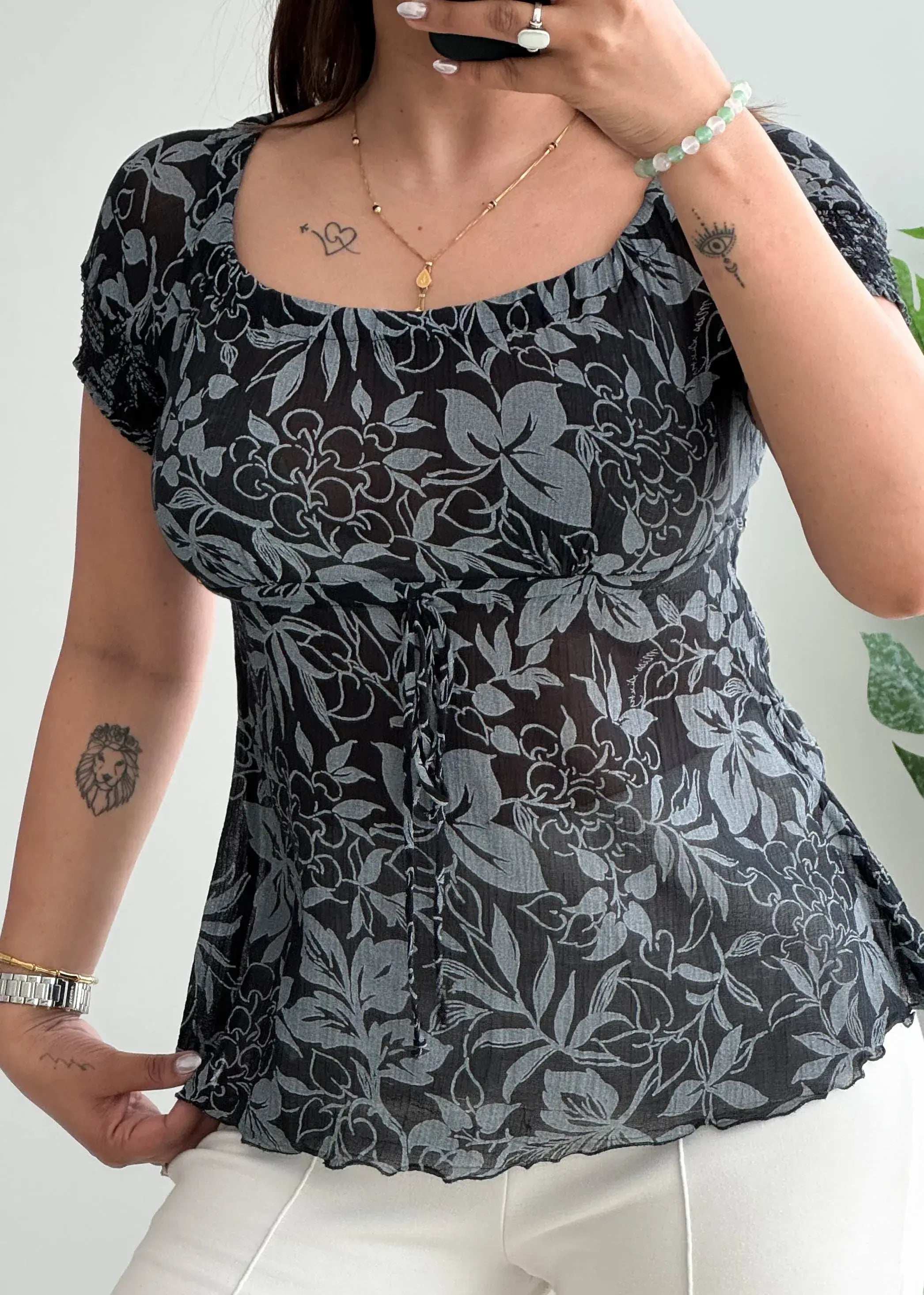 Size XS-S, Y2K Black Floral Sheer Tie-Up Top - Closet by Payal