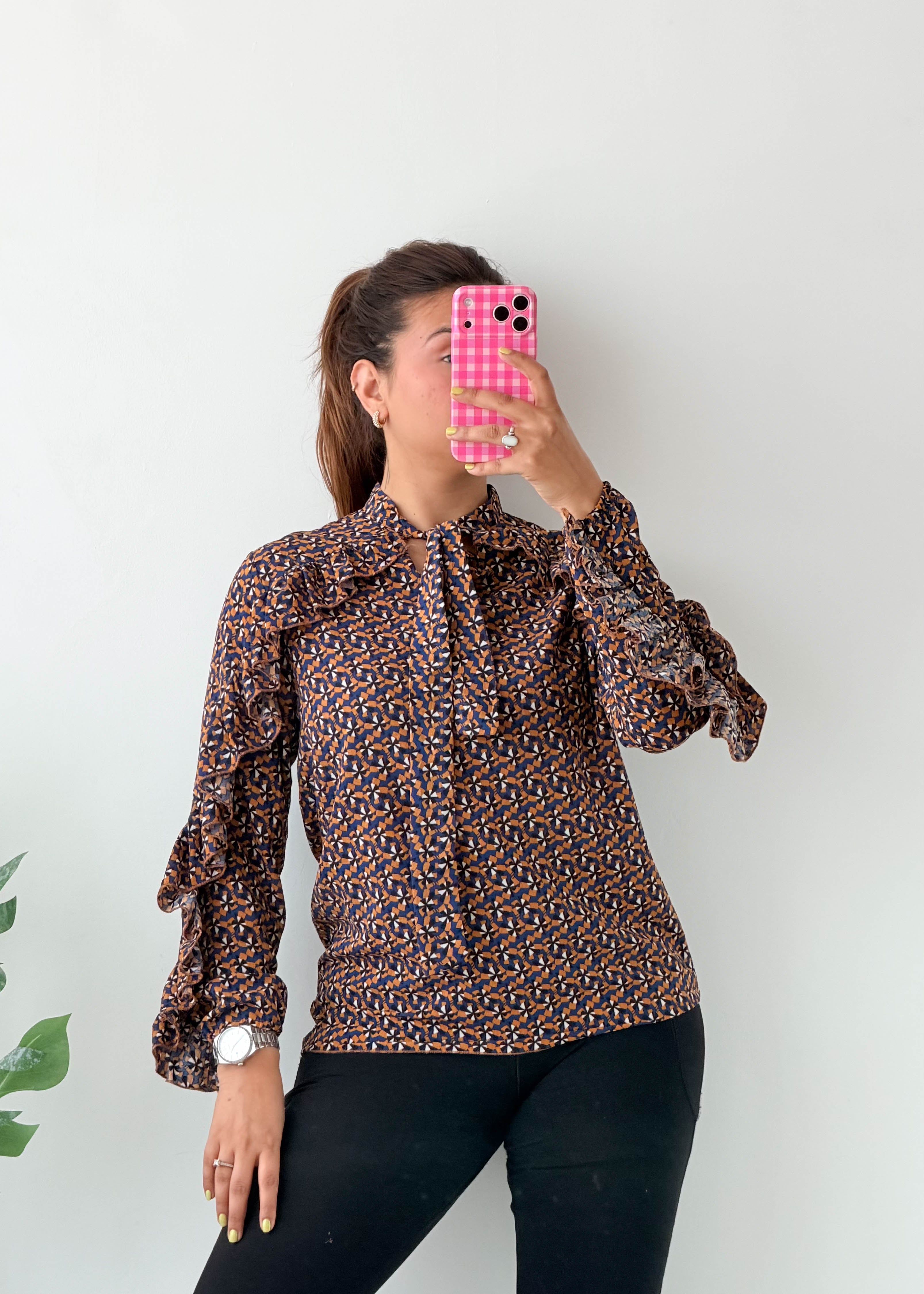 Size S-M Brown Printed Tie-Neck Blouse