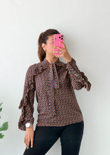 Size S-M Brown Printed Tie-Neck Blouse