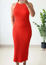 Size M-L, Orange Sleeveless Ribbed Midi Dress - Closet by Payal