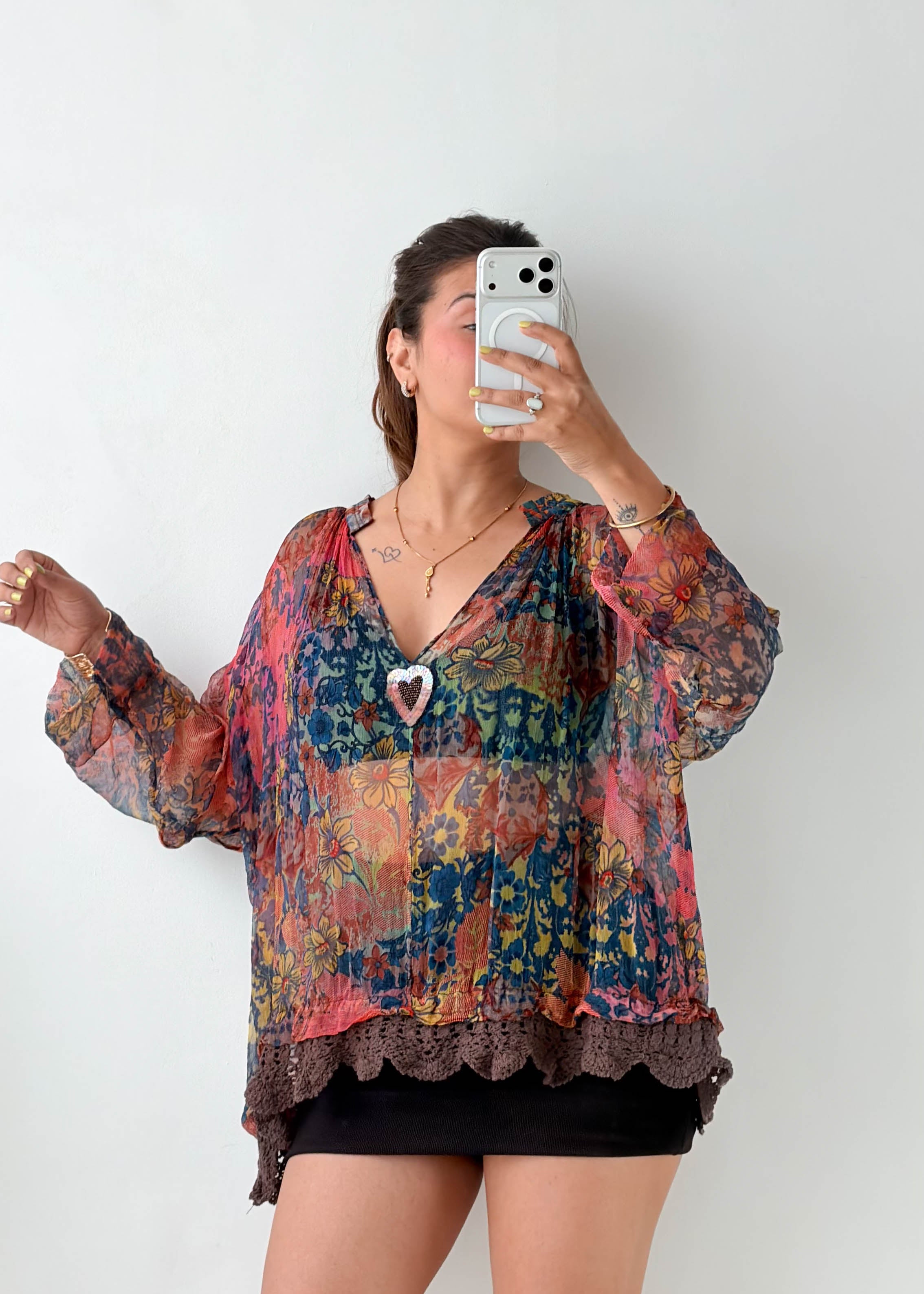 Free Size Multicolor Boho Sheer Tunic Top