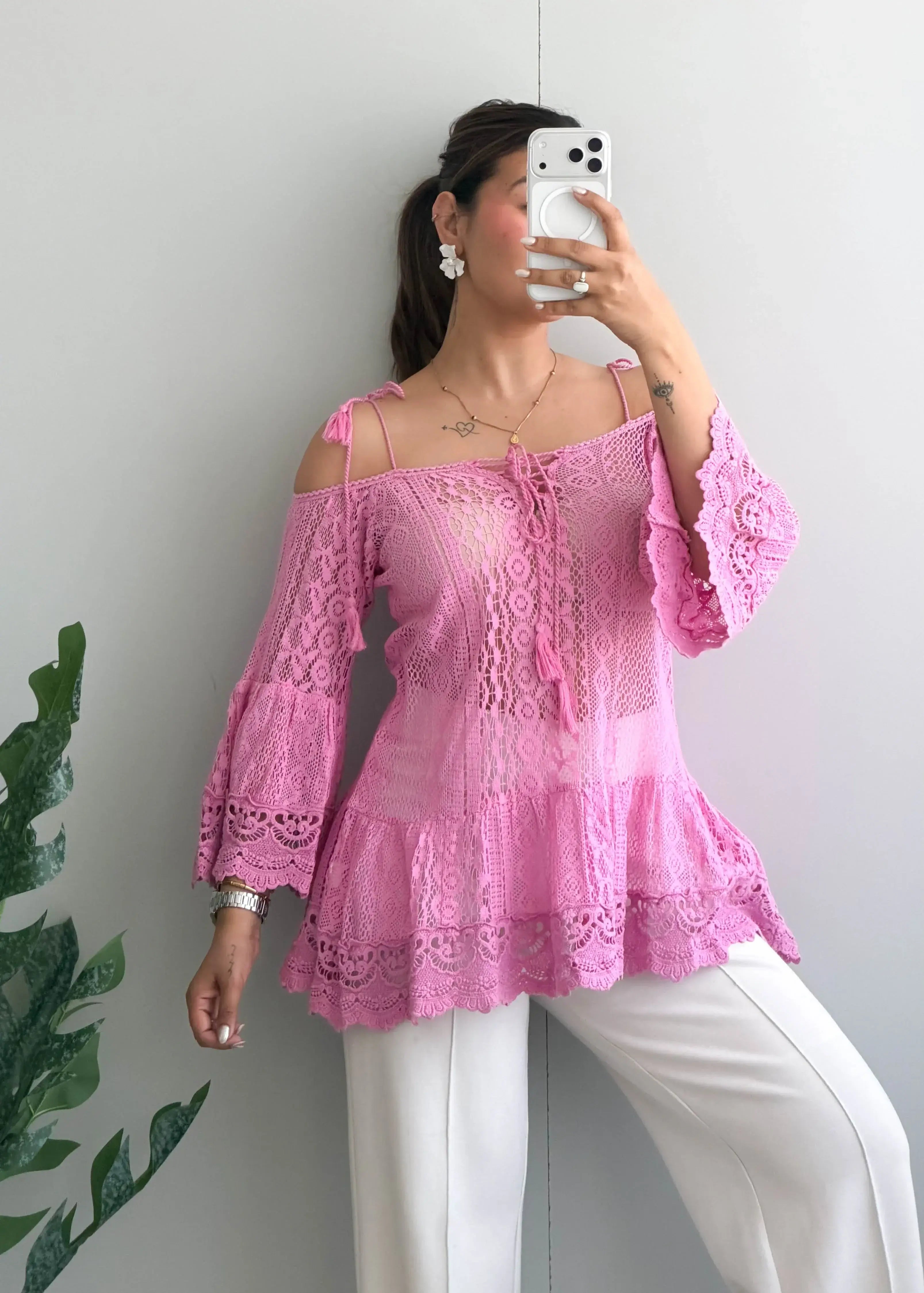 Size S-M, Pink Lace Cold Shoulder Top - Closet by Payal