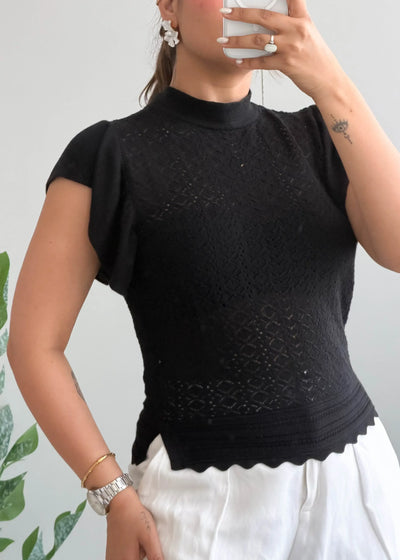 Size S-M, Black High Neck Textured Top - Closet by Payal