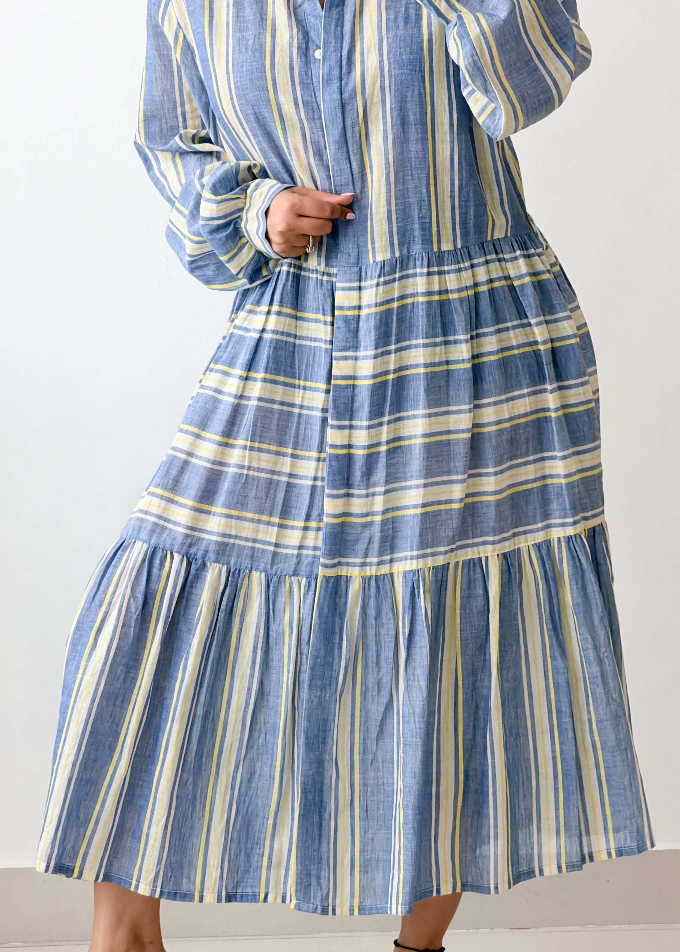 Size L-XL Blue Striped Shirt Midi Dress