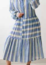 Size L-XL Blue Striped Shirt Midi Dress