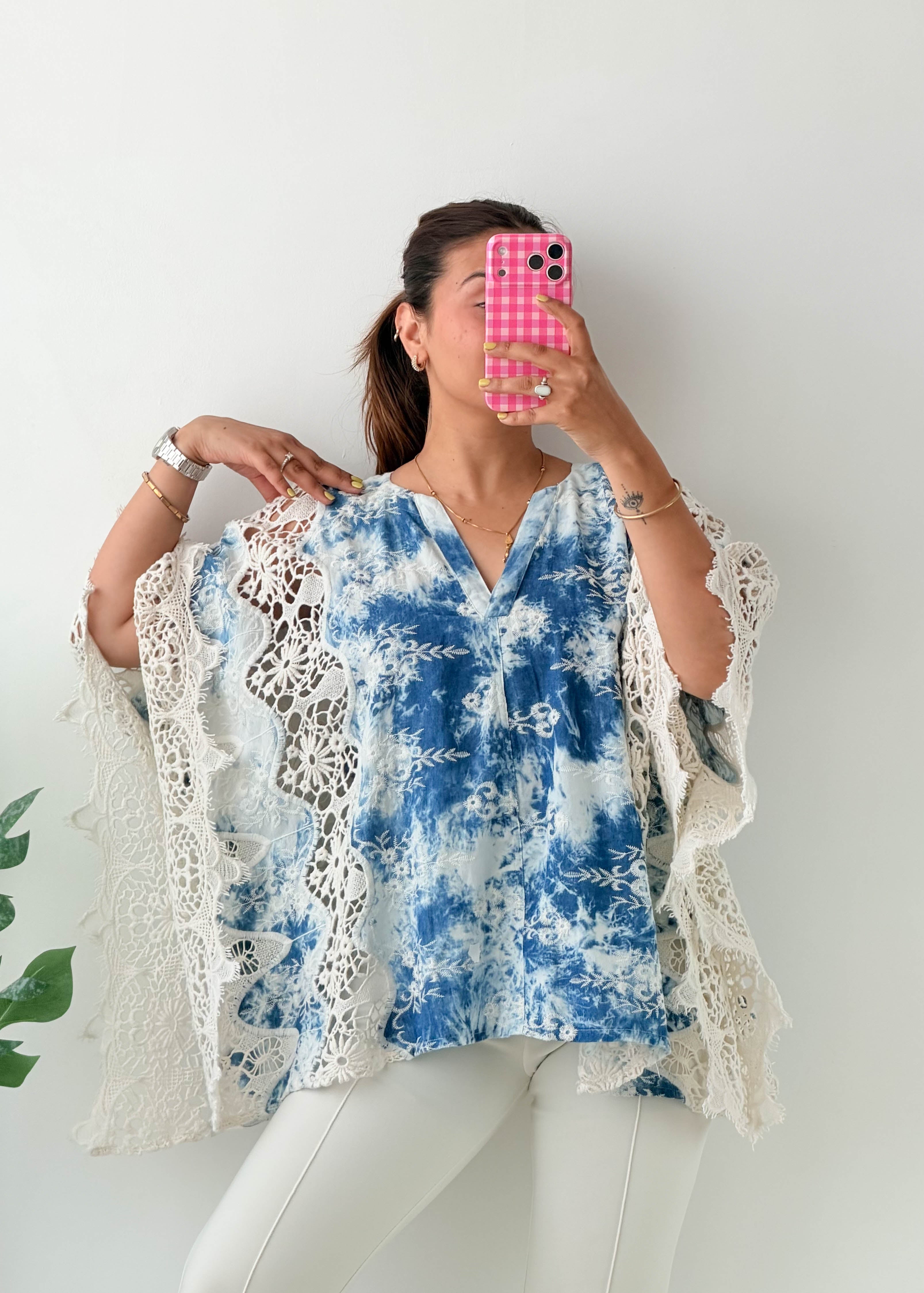 Free Size Blue Tie-Dye Crochet Kaftan Top