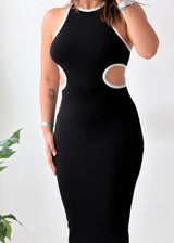 Size S-M Black Contrast Cut-Out Knit Midi Dress