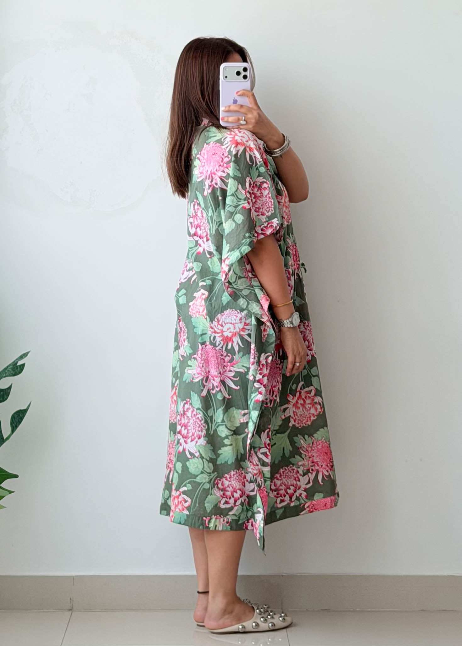 Size XL-3XL Green Floral Cotton Kaftan Dress