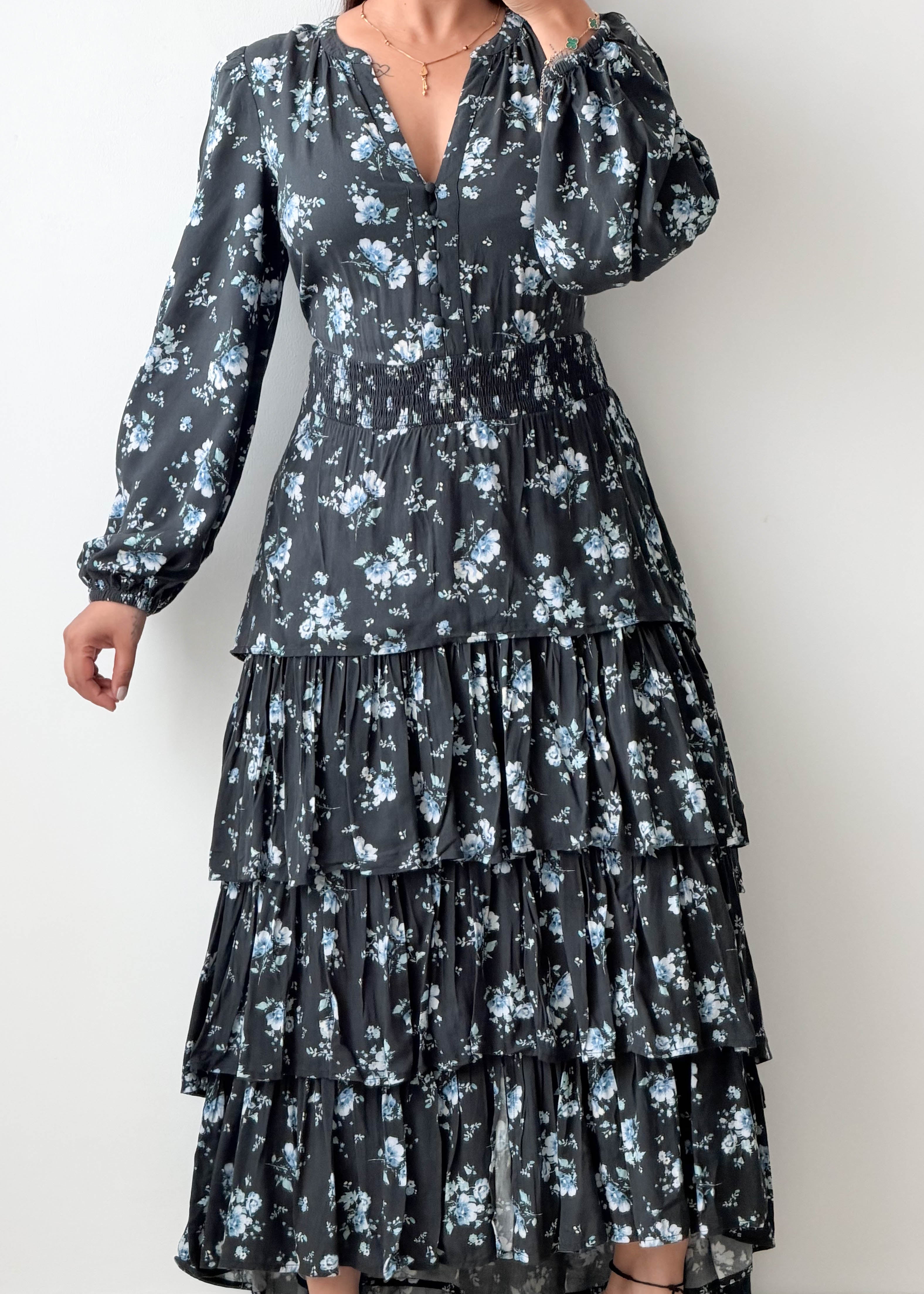 Size M-L Black Floral Tiered Maxi Dress