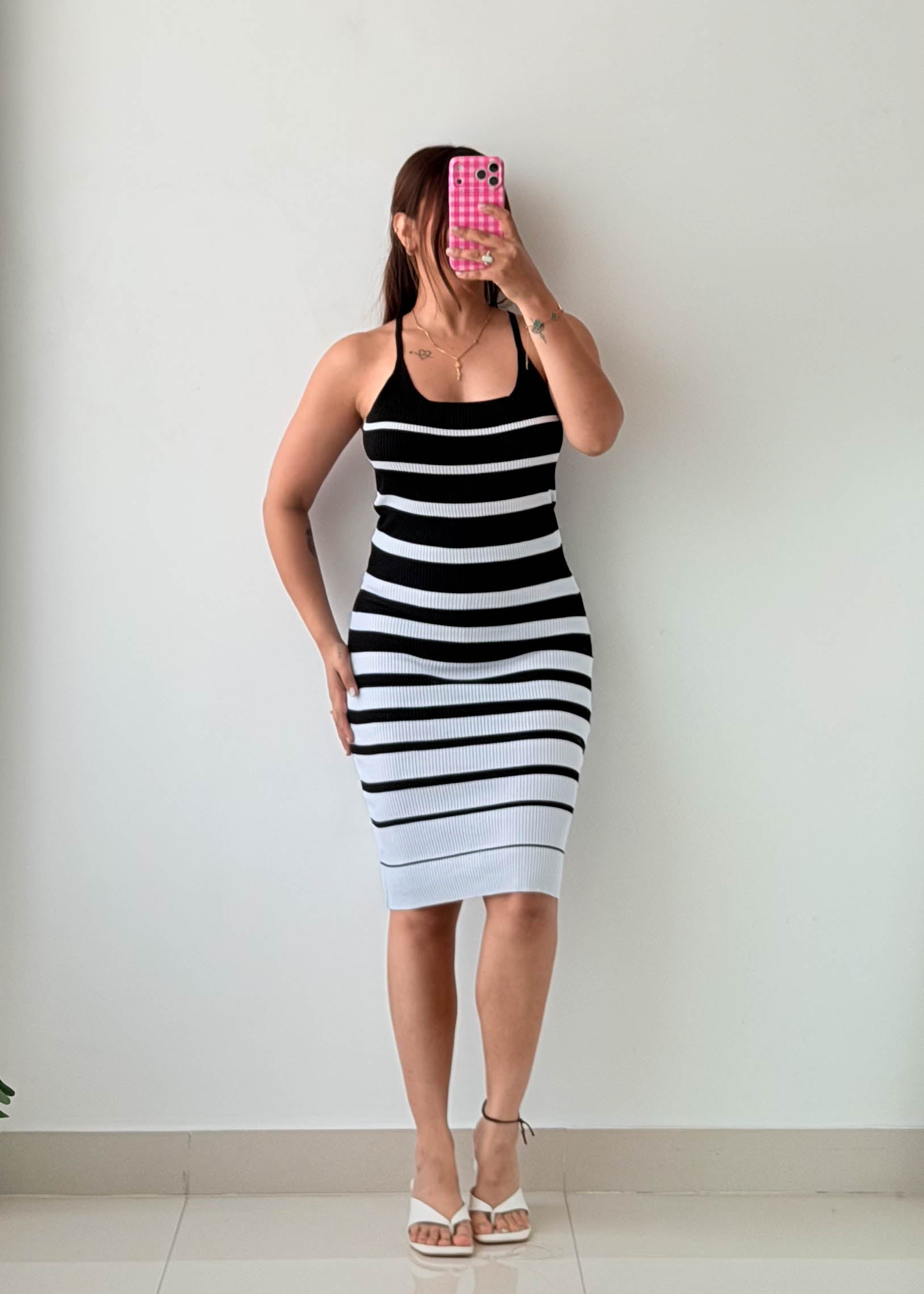 Size M-L Black & White Ribbed Bodycon Dress