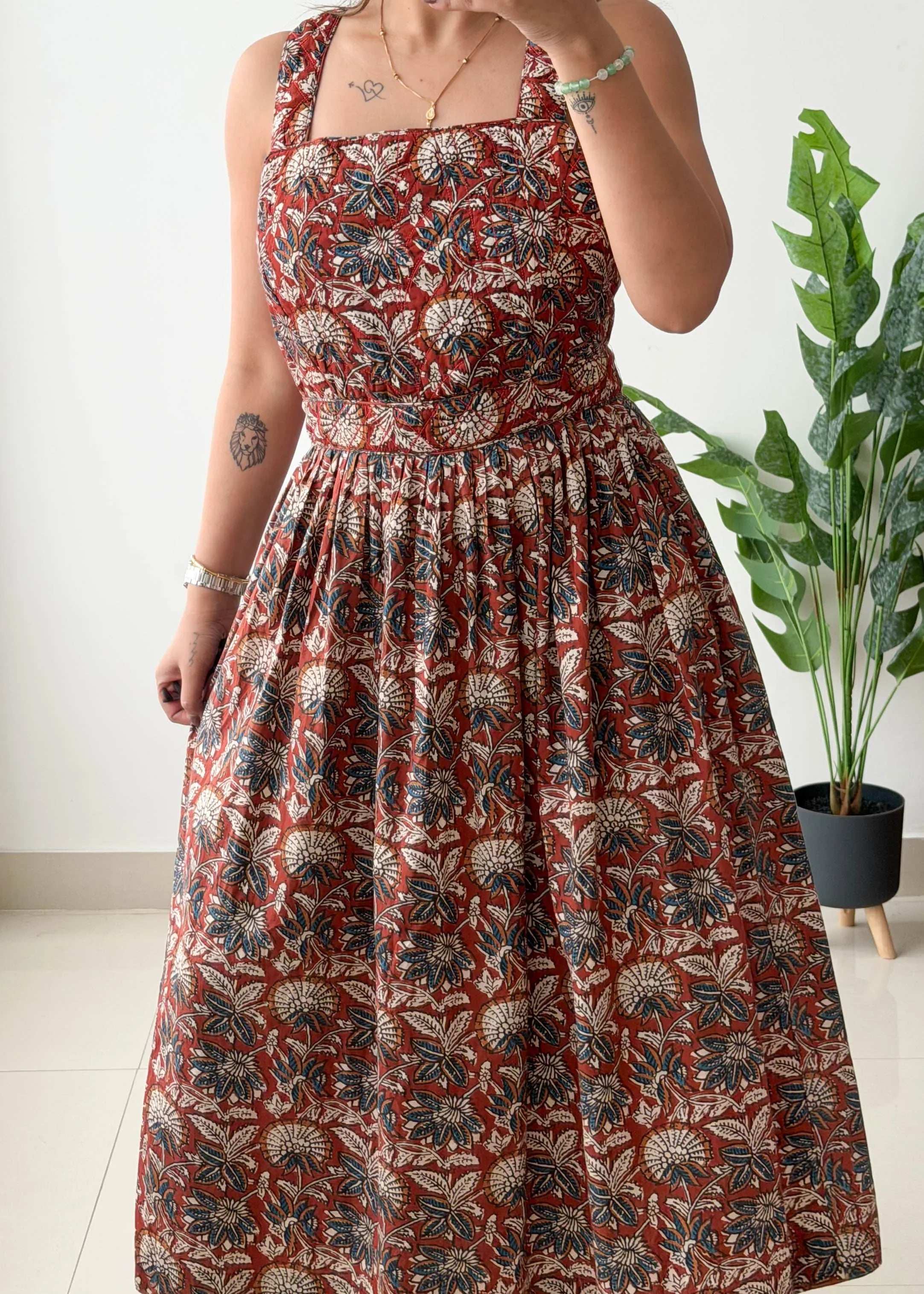 Size M-L, Brown Ethnic Print Midi Dress