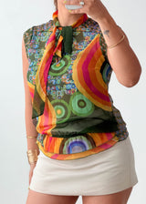 Size XS-S Multicolor Scarf Neck Sleeveless Top