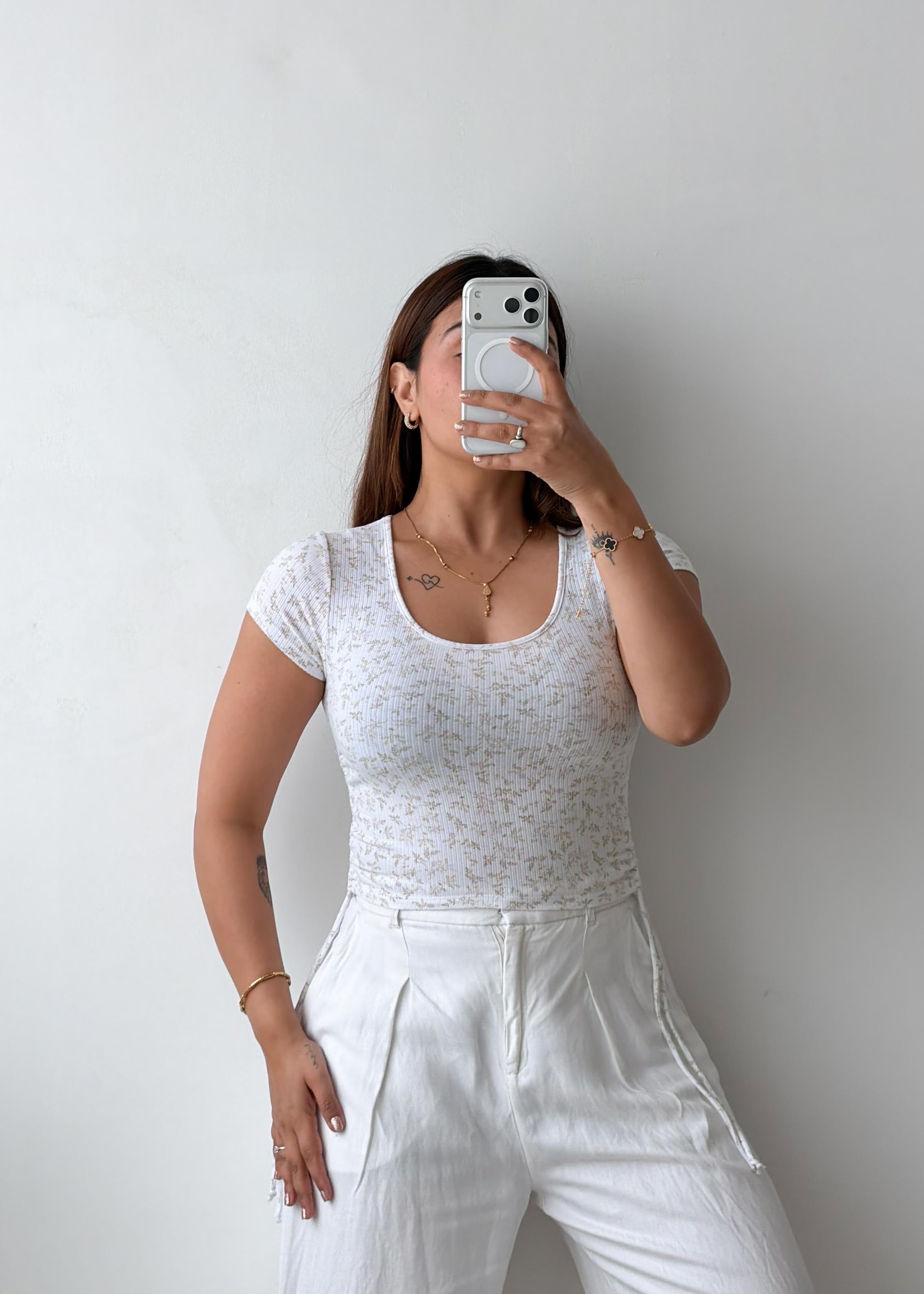Size S-M White Floral Fitted Top