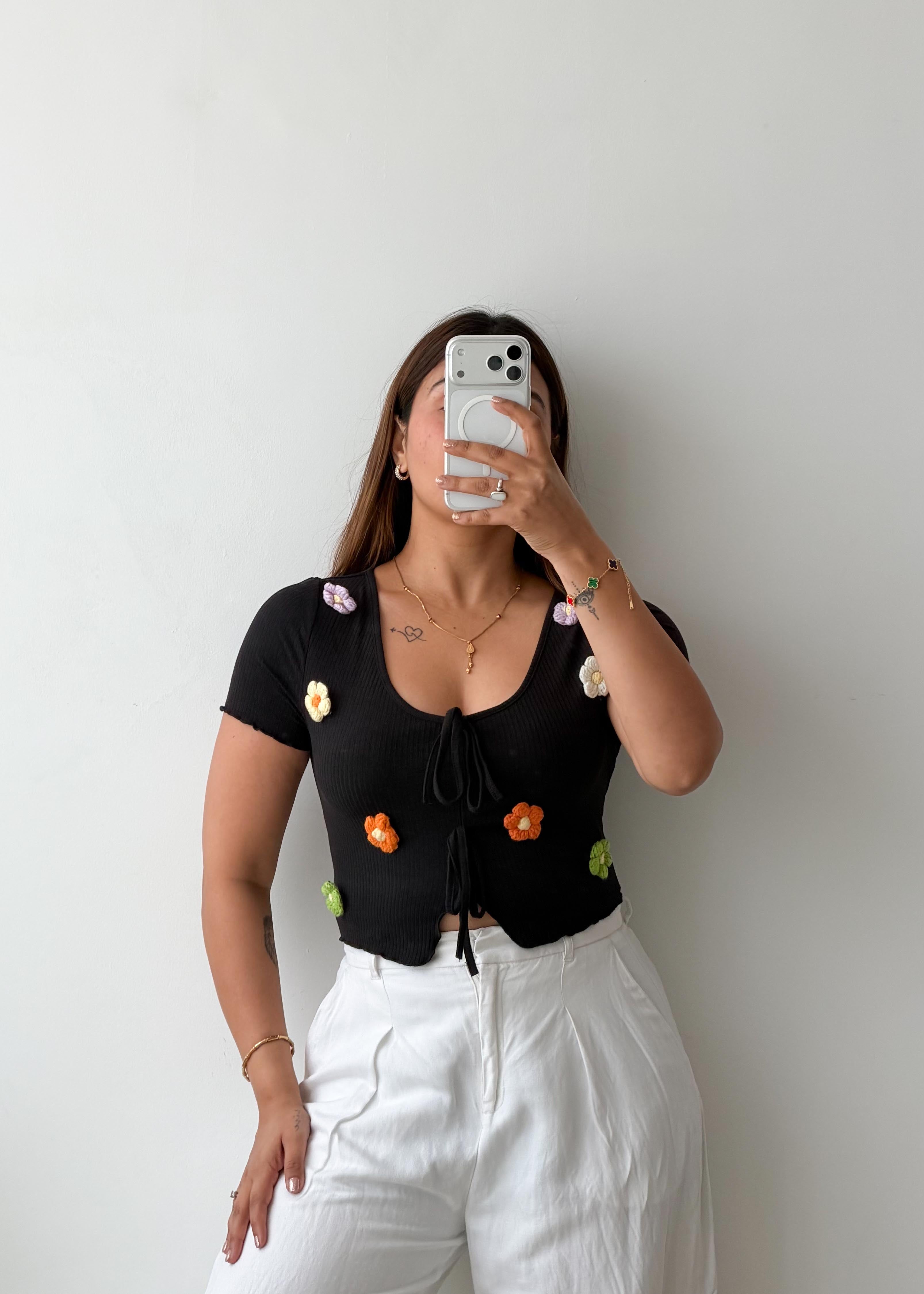 Size S-M Black Floral Appliqué Tie Front Top