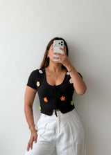 Size S-M Black Floral Appliqué Tie Front Top