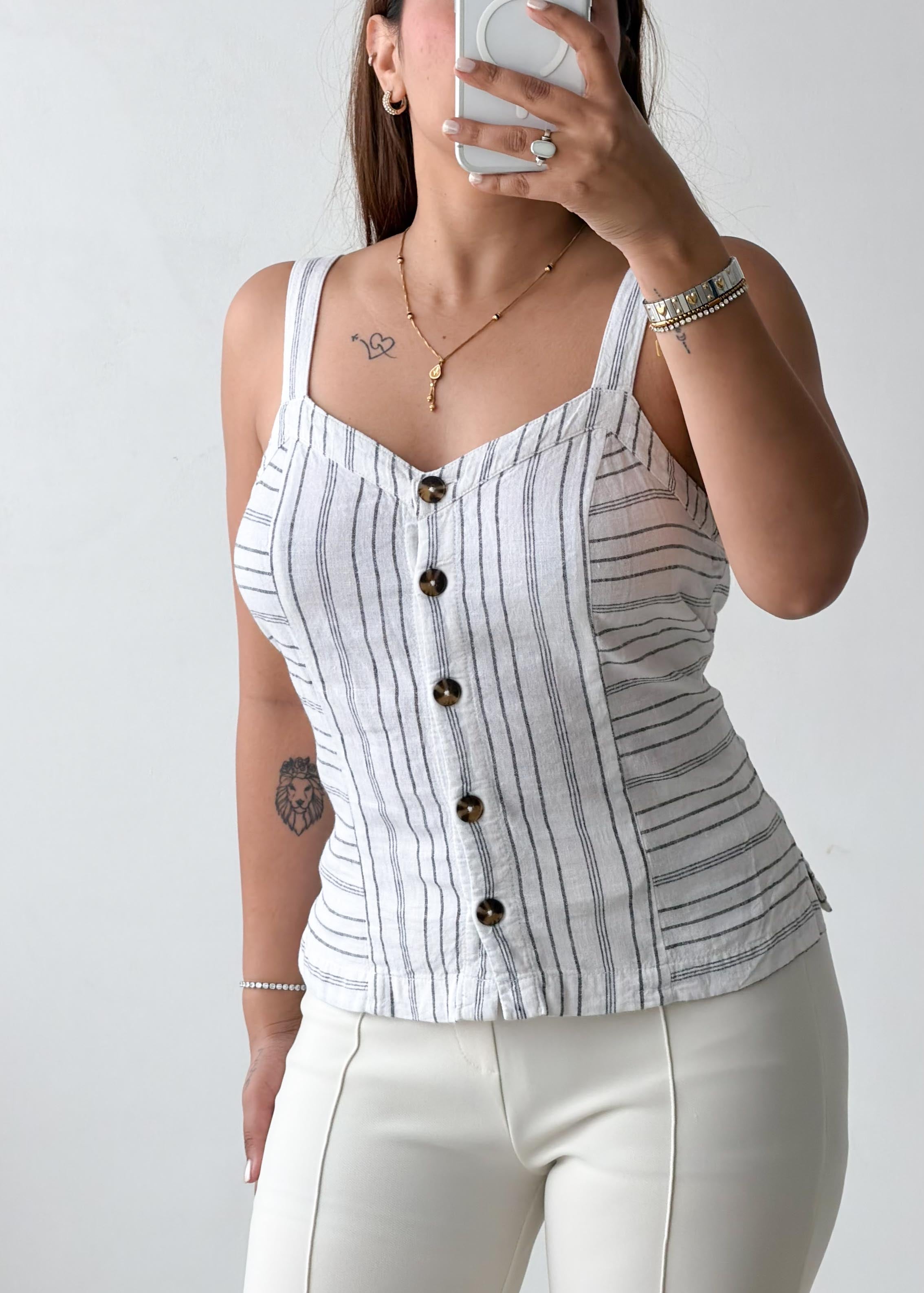 Size M-L White Striped Button-Front Cami Top