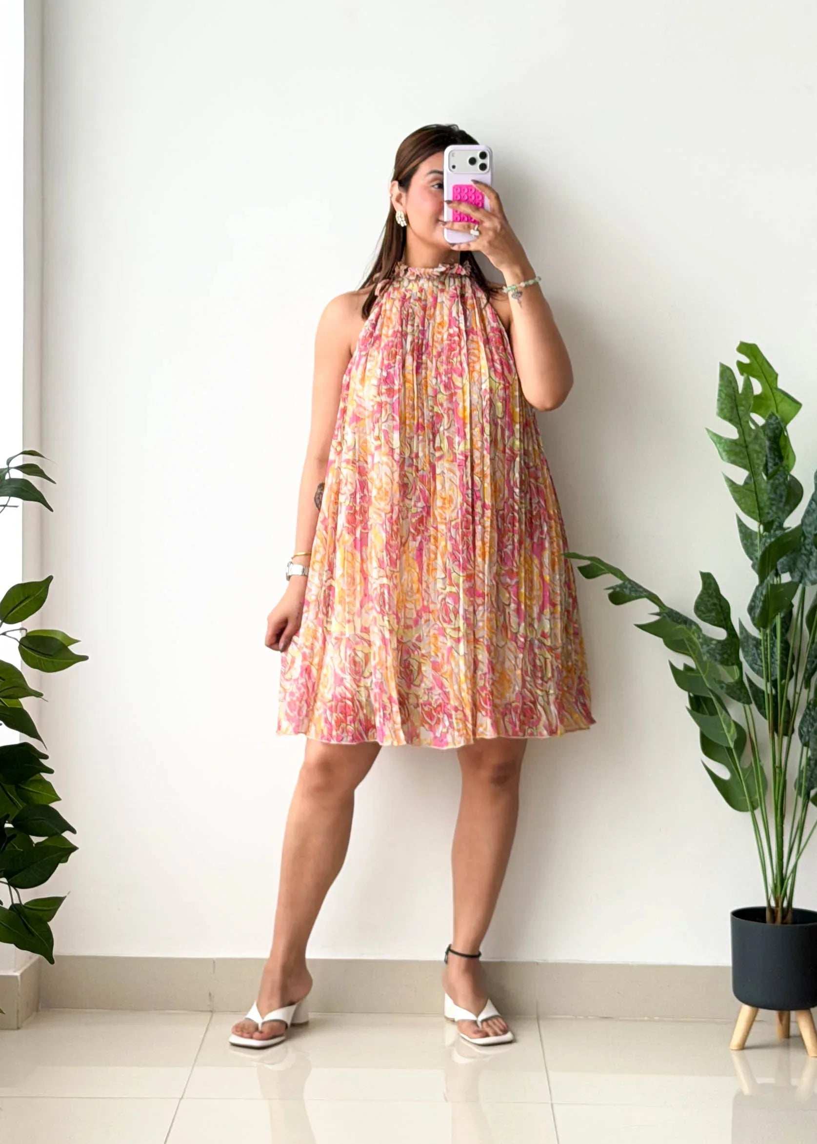 Size XS-S, Pink Floral Halter Mini Dress
