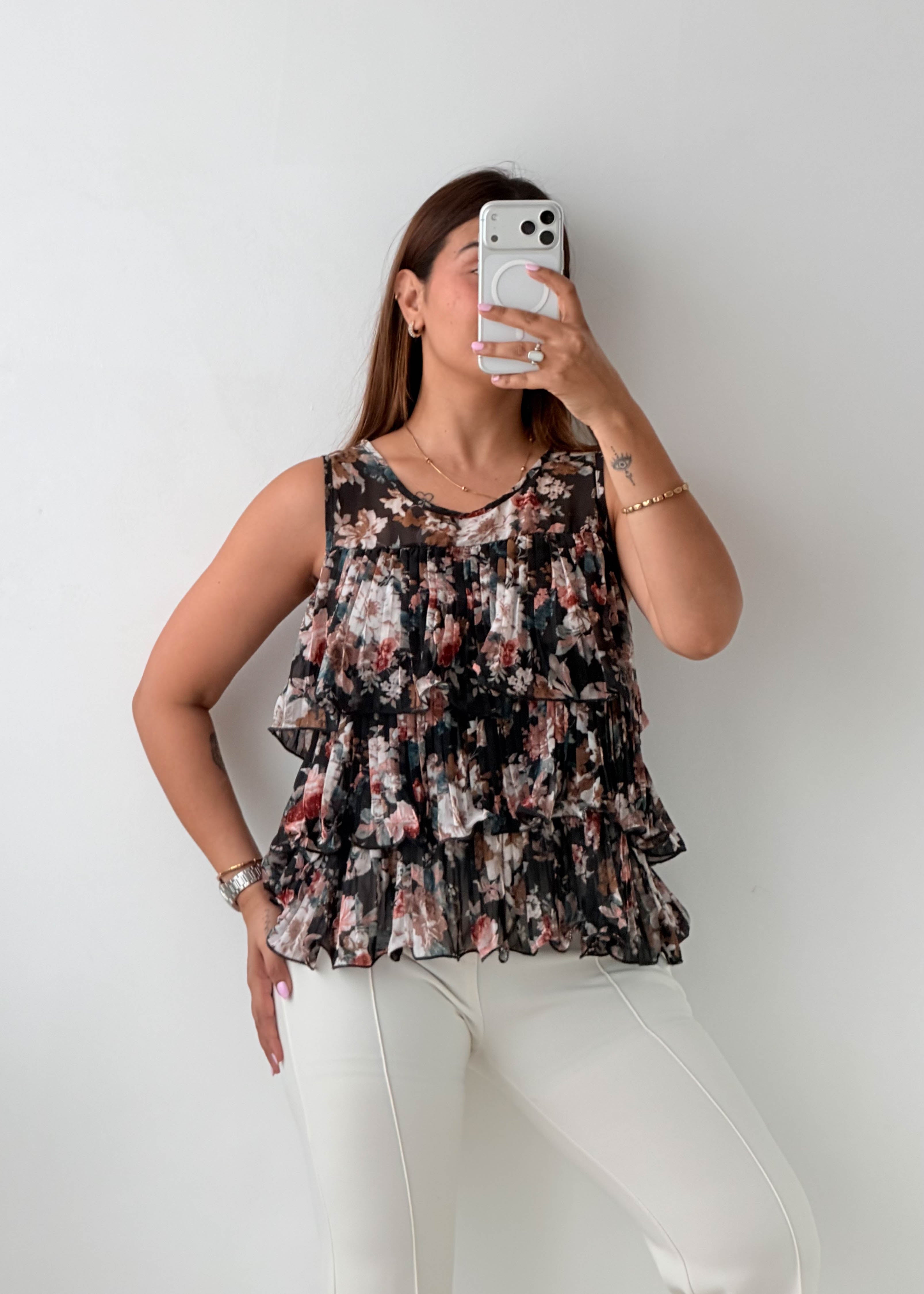 Size S-M Black Floral Tiered Chiffon Top