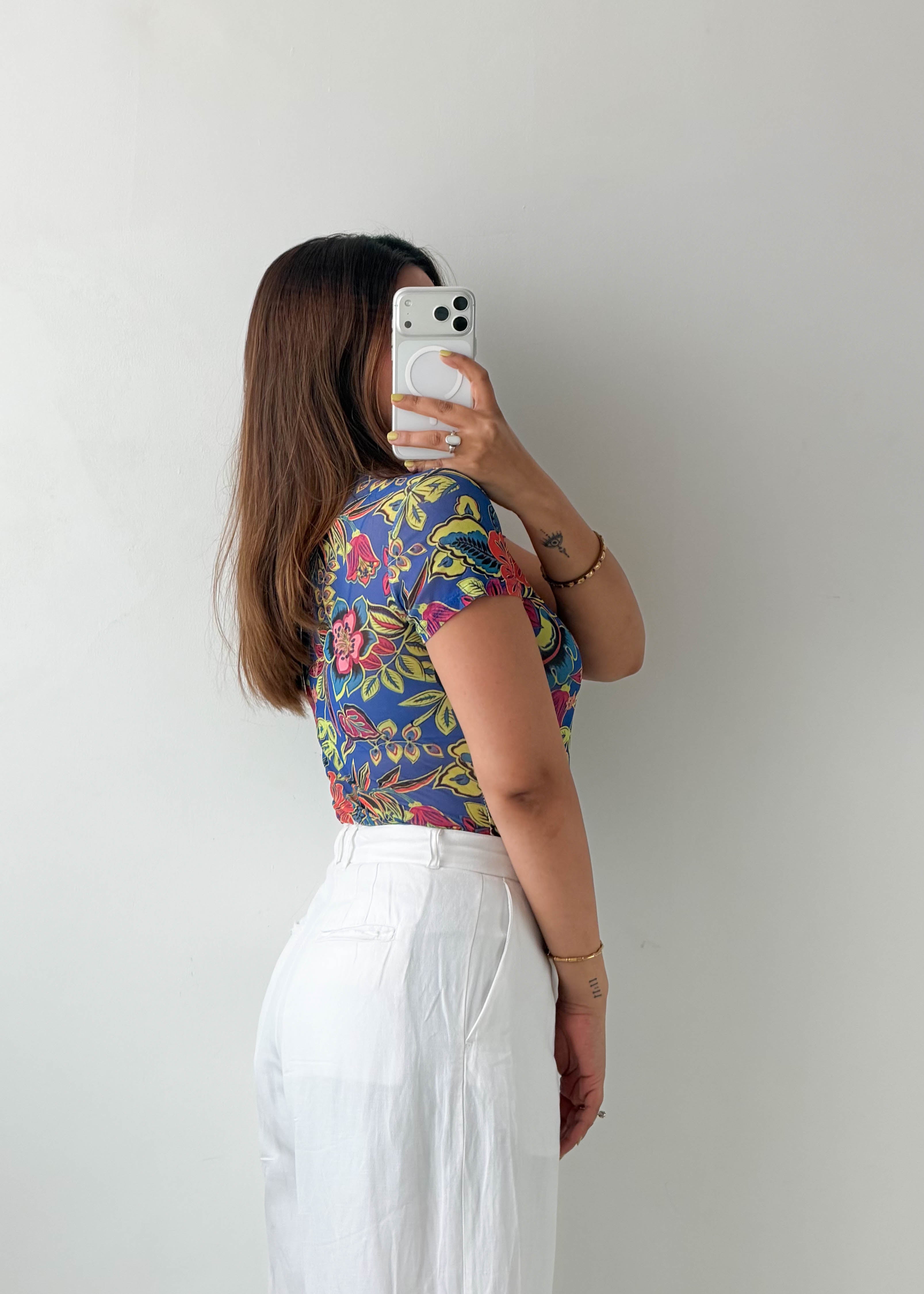 Size S-M Blue Floral Print Bodysuit
