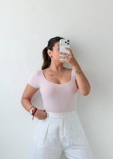Size S-M Blush Ribbed Short Sleeve Bodysuit