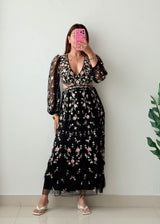 Size XS-S Black Floral Embroidered Midi Dress