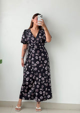 Size S-M Black Floral Printed Midi Dress