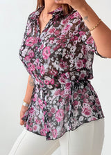 Size M-L Black Floral Peplum Shirt Top