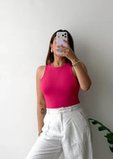 Size S-M, Hot Pink Round Neck Sleeveless Bodysuit