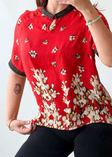 S-M Red Floral Mandarin Collar Top