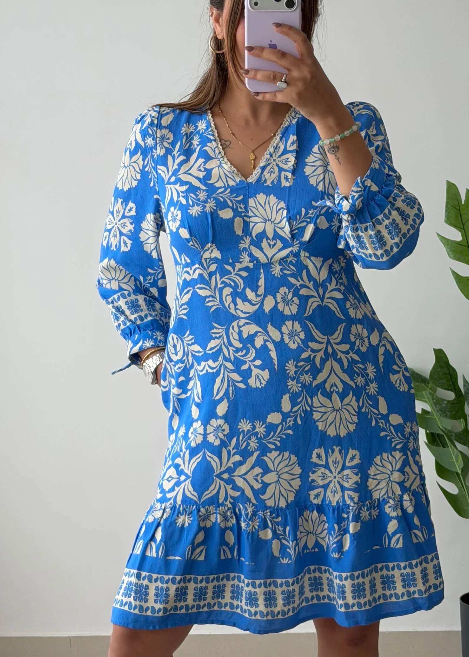 Blue Floral Printed A-Line Dress