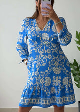 Blue Floral Printed A-Line Dress
