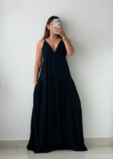 Size S-M Black V-Neck Tiered Maxi Dress