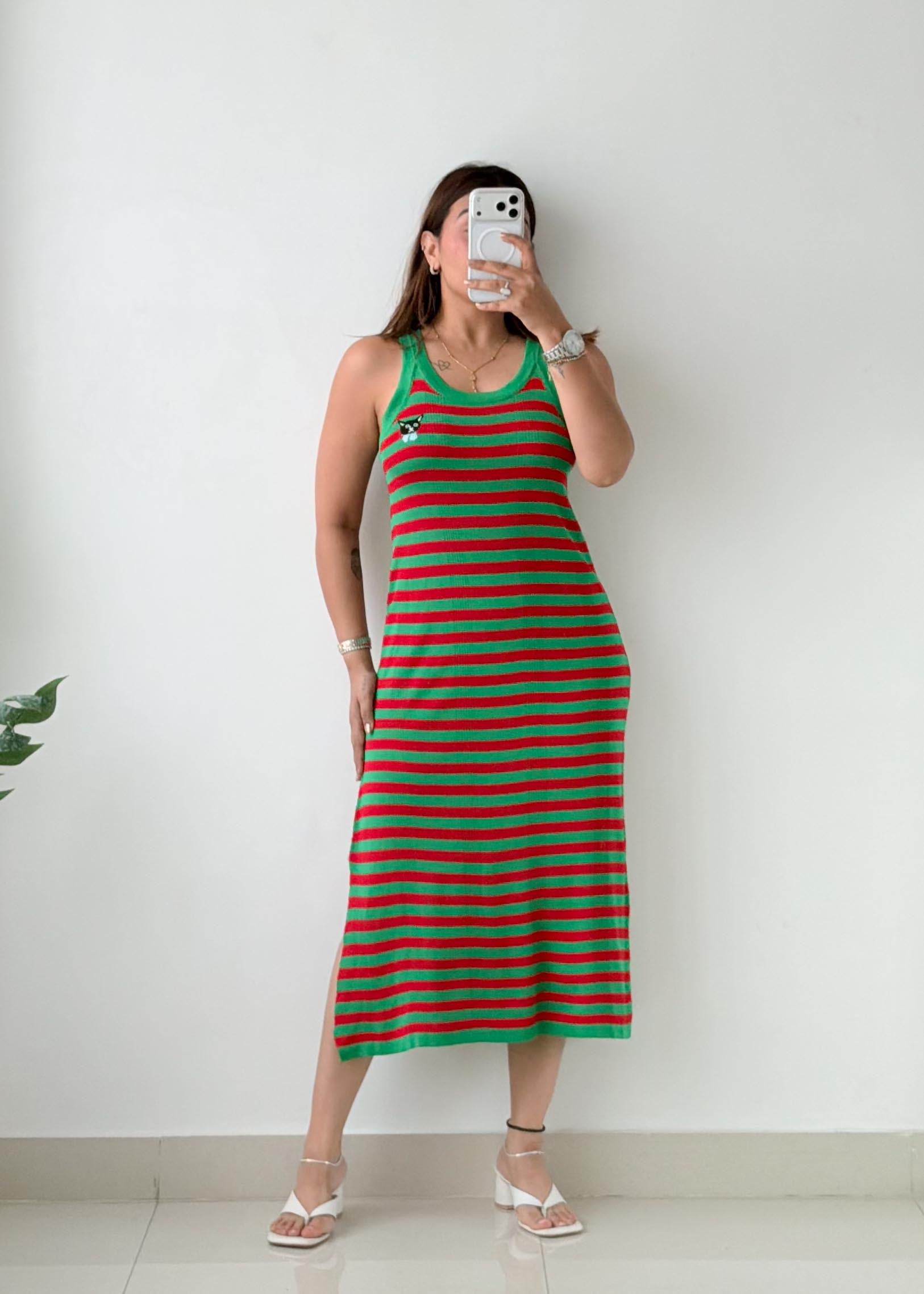 Size M-L Green & Red Striped Knit Midi Dress