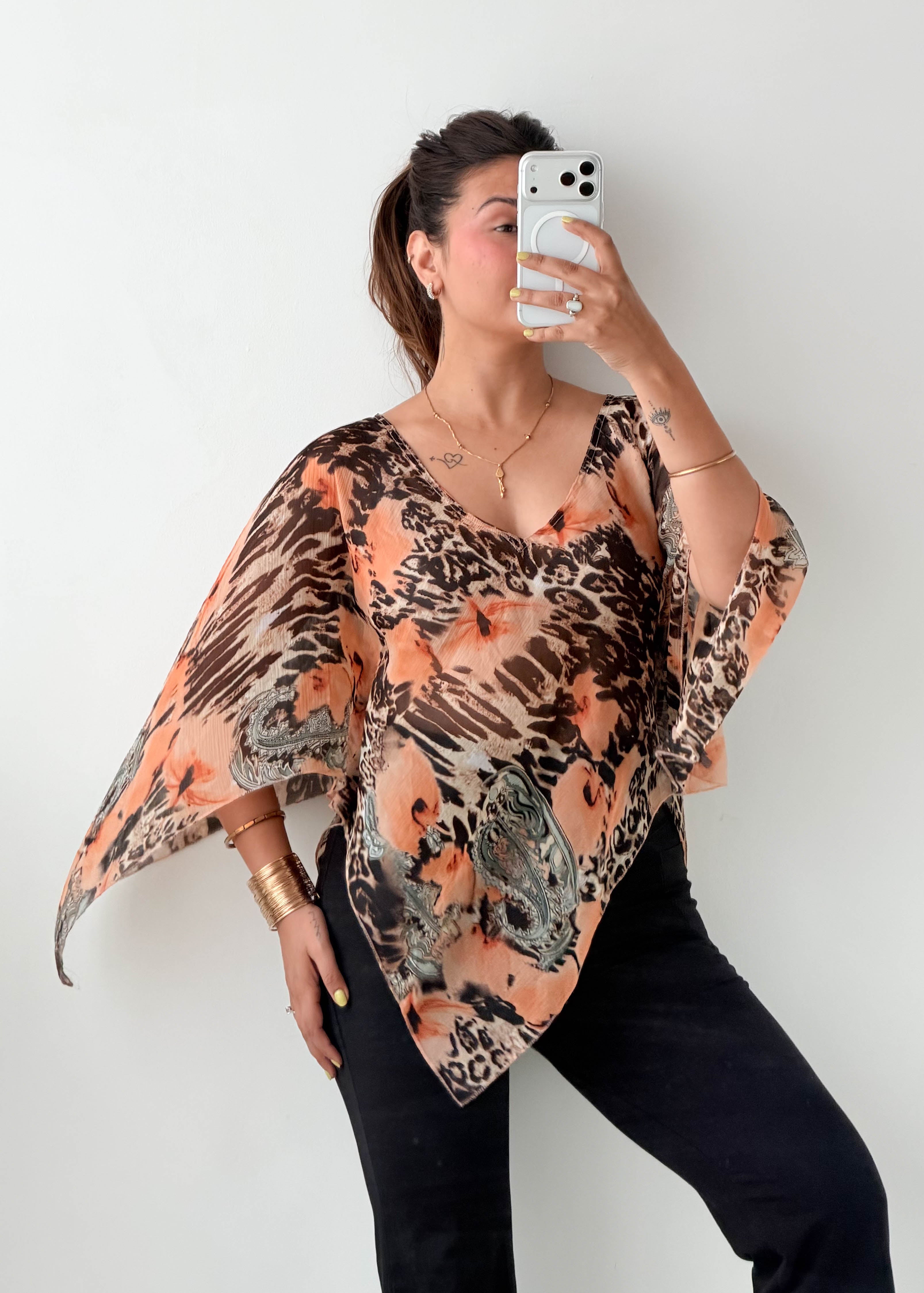 Size XS-M Peach Animal Print Kaftan Top
