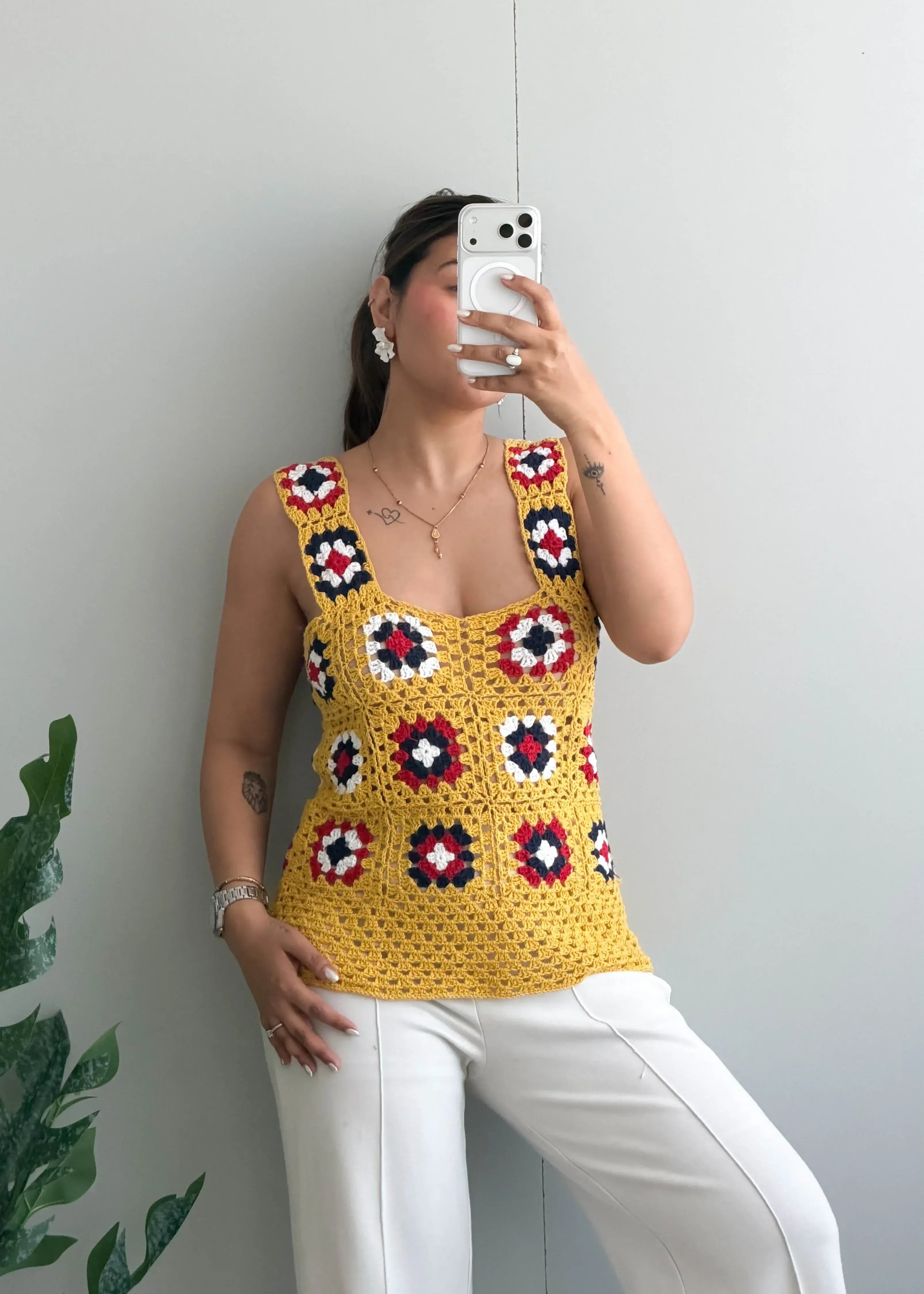 Size S-M, Mustard Crochet Patchwork Tank Top - Closet by Payal