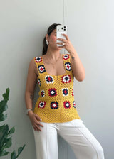 Size S-M, Mustard Crochet Patchwork Tank Top - Closet by Payal