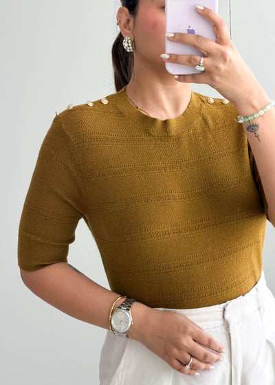 Size S-M, Olive Textured Half Sleeve Top - Closet by Payal