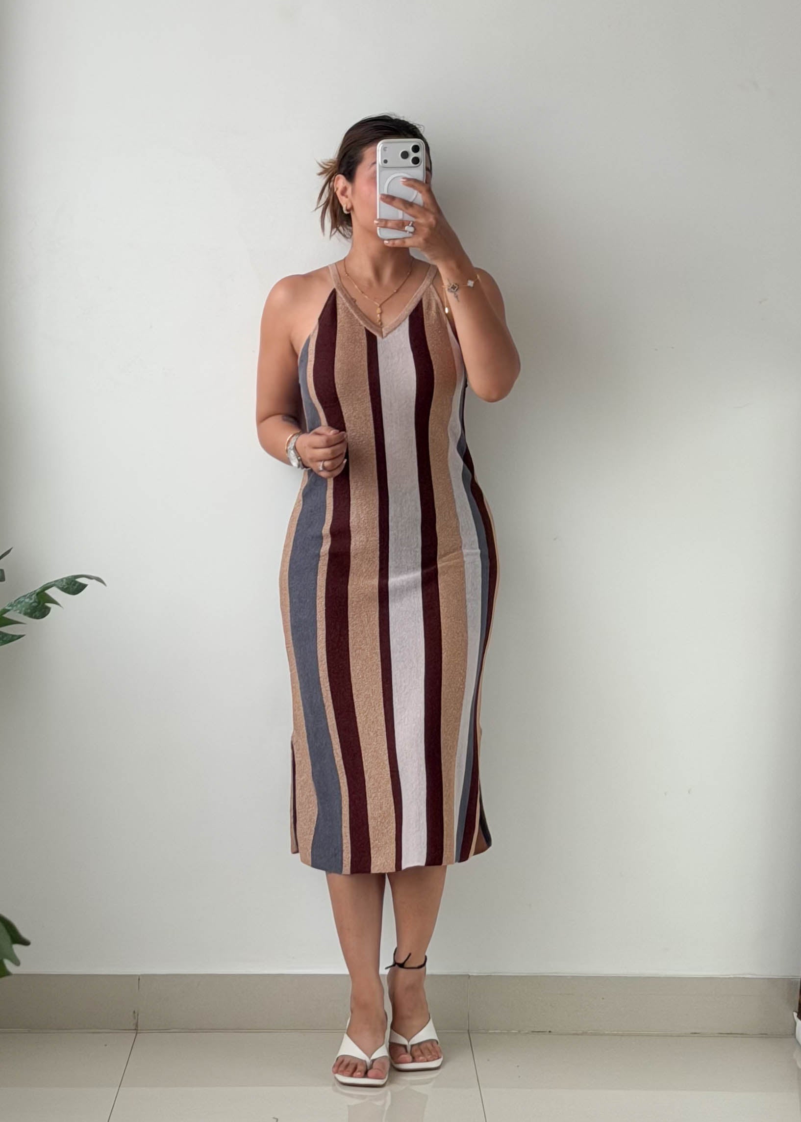 Size S-M Multicolor Striped Ribbed Knit Midi Dress
