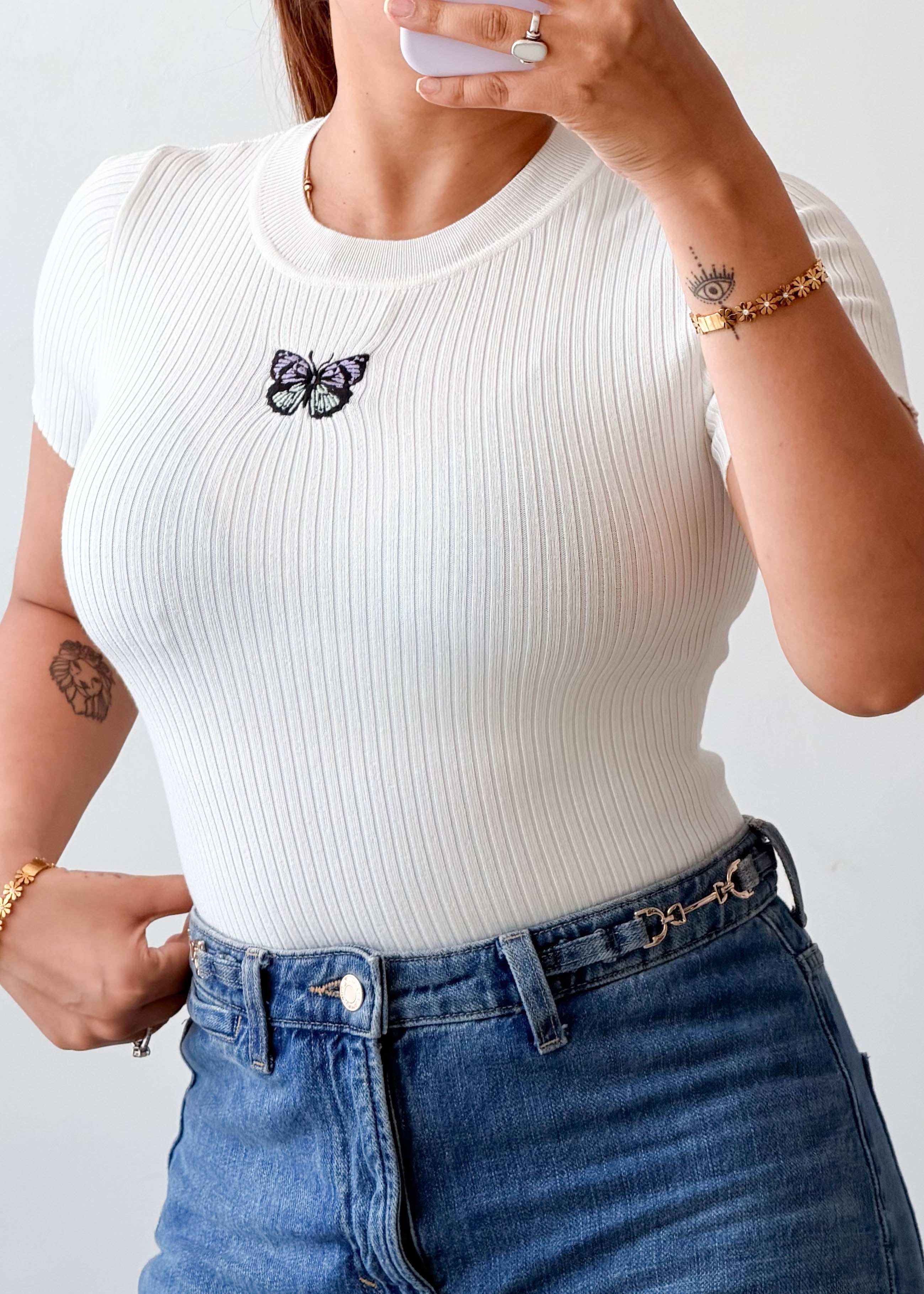 Size XS-S White Ribbed Butterfly Top