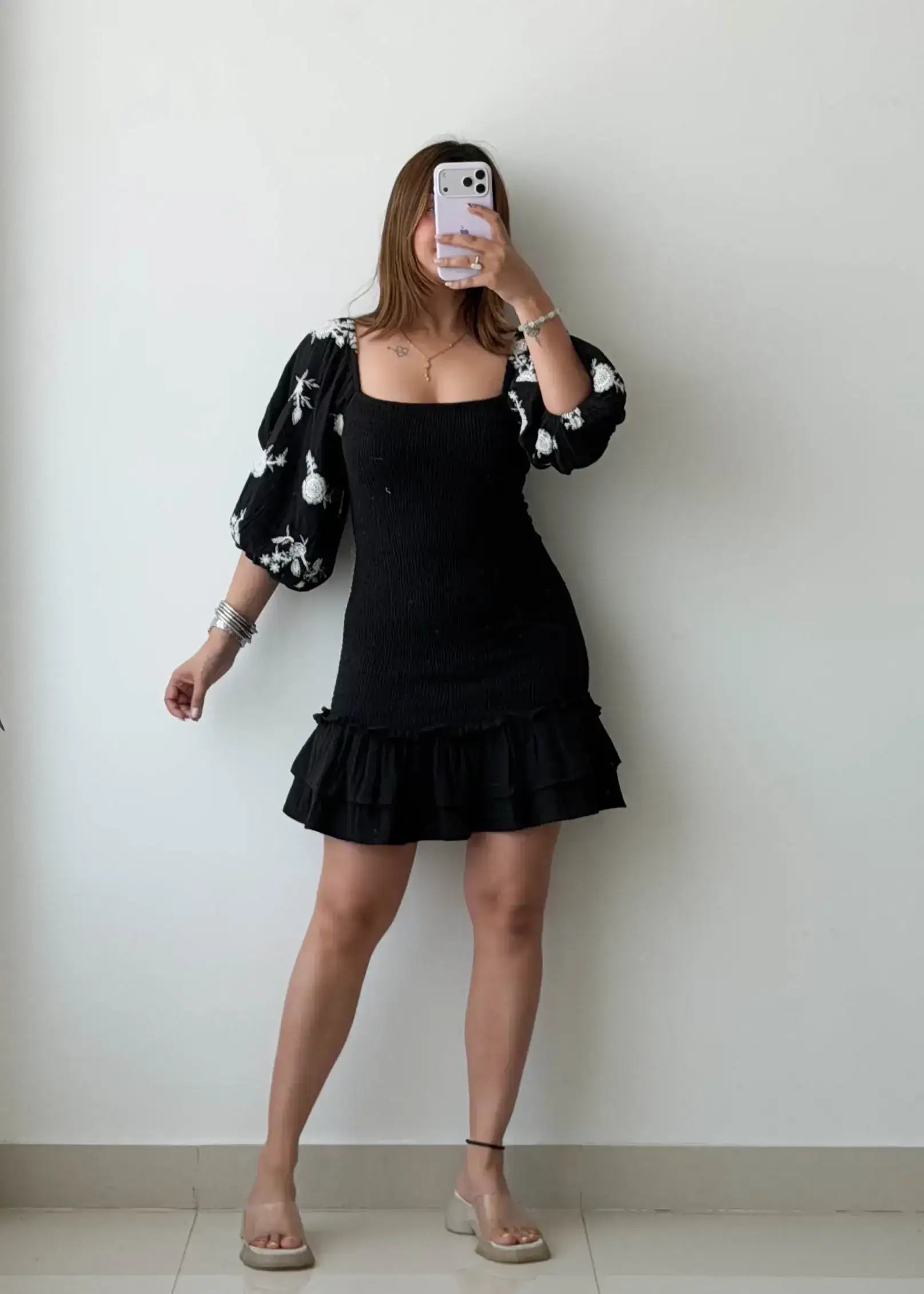 Size S-M, Black Floral Sleeve Bodycon Mini Dress