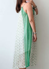 Size M-L White & Green Printed Midi Dress With Lining