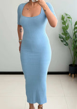 SIZE S-M, Baby Blue Ribbed Square Neck Midi Dress - Closet by Payal