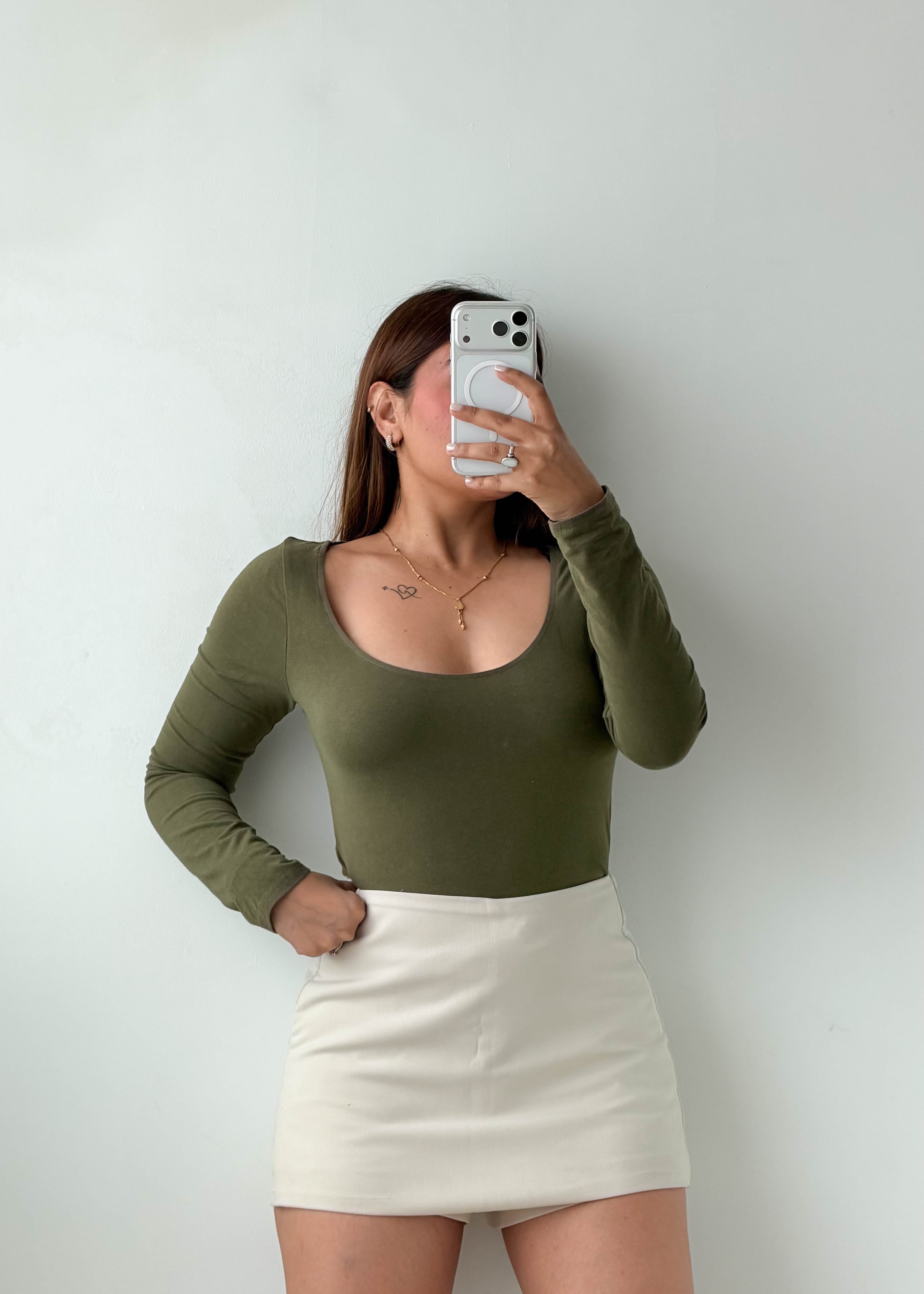 Size M-L Olive Green Long Sleeve Bodysuit