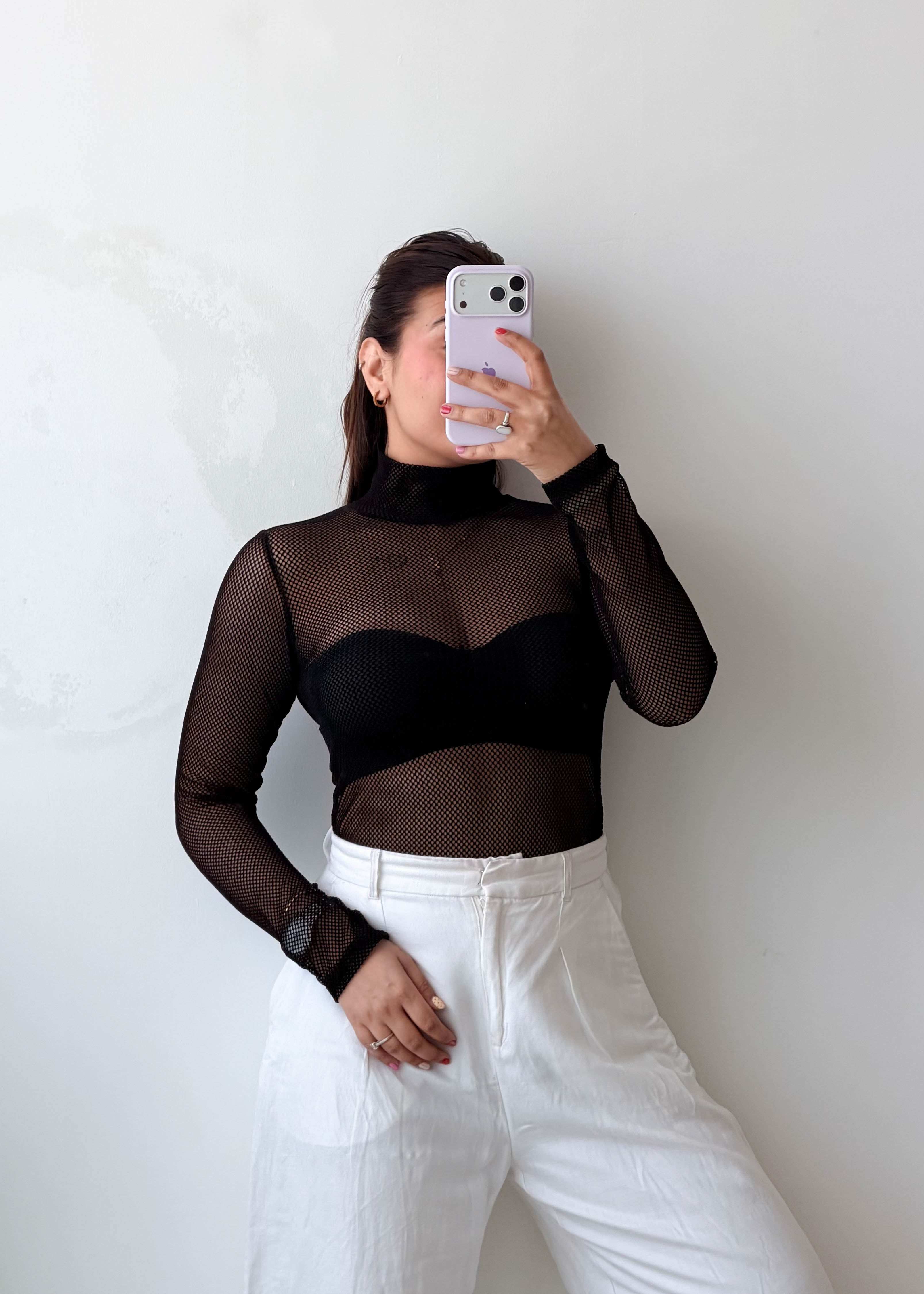 Size S Black Sheer High Neck Bodysuit