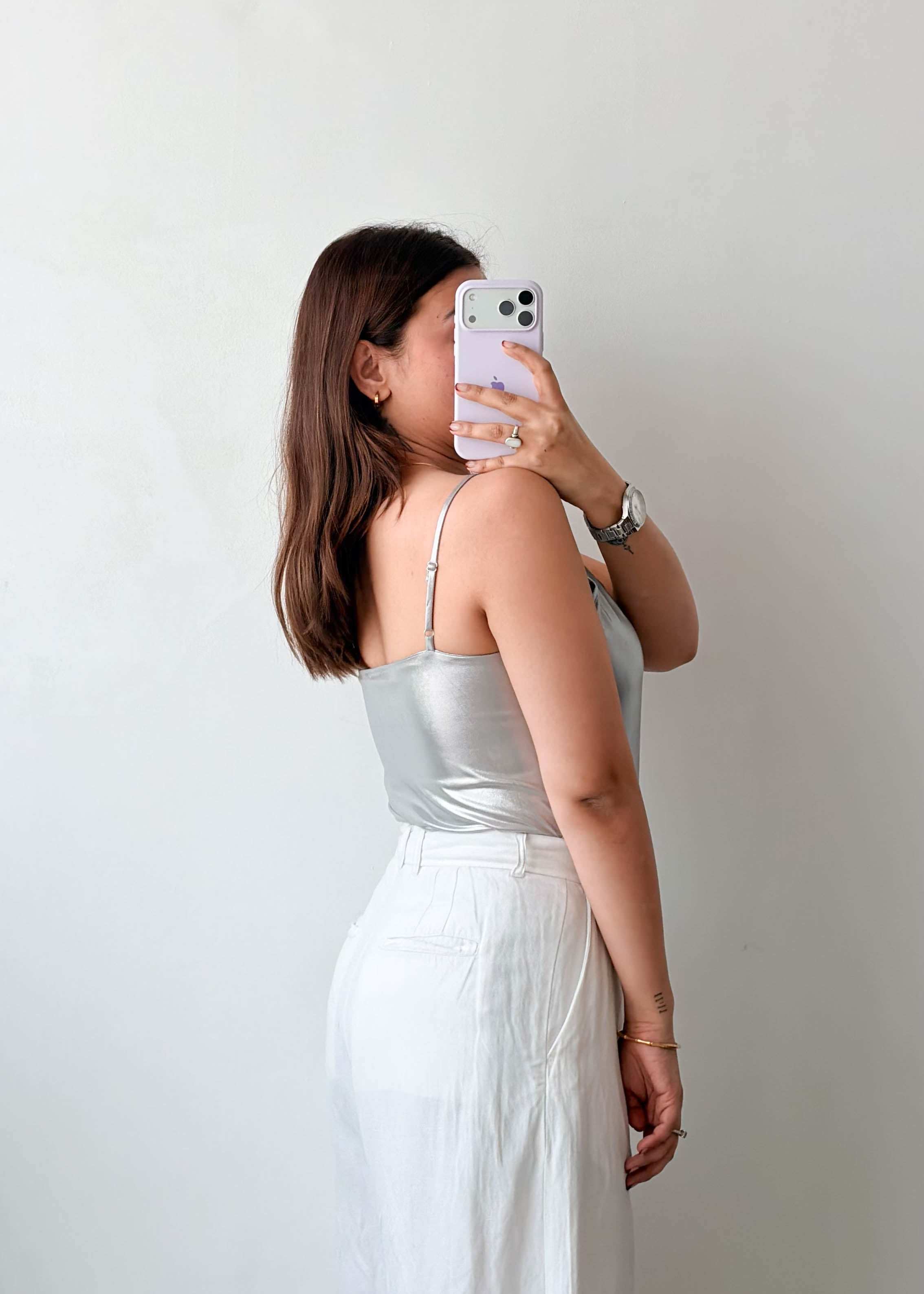 Size M-L Silver Satin Cami Bodysuit
