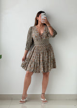 Size S-M Beige Floral Print Puff Sleeve Mini Dress